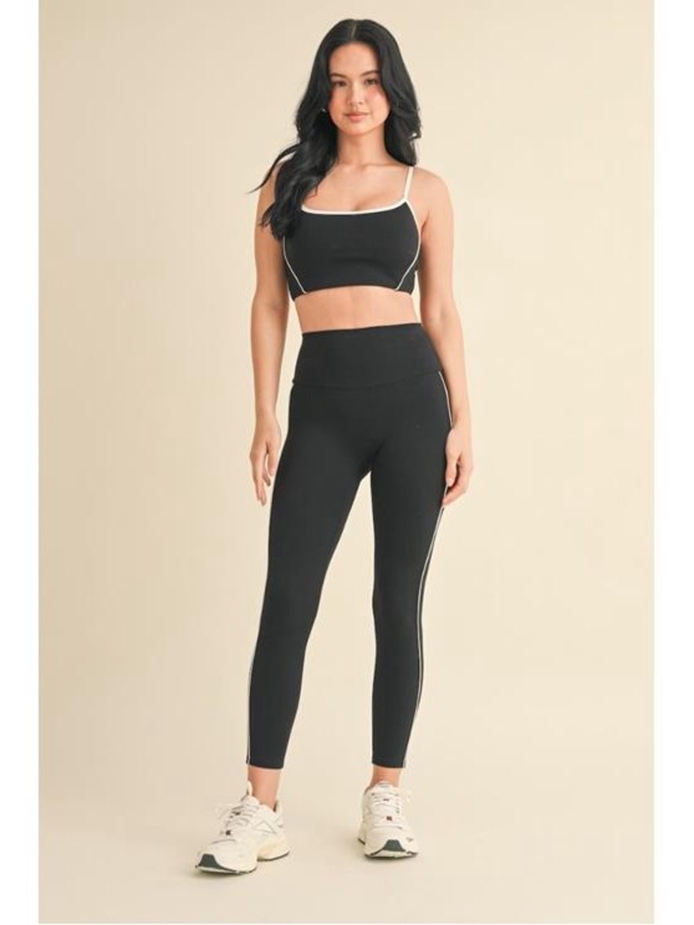Kimberly C - Black High-Waist Active Leggings and Bra Set with Side Stripe